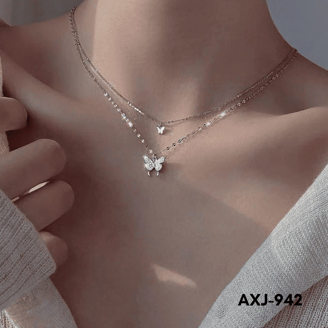 AXJ-942 - Silver Double Butterfly - Necklace - BSM WHOLESALE