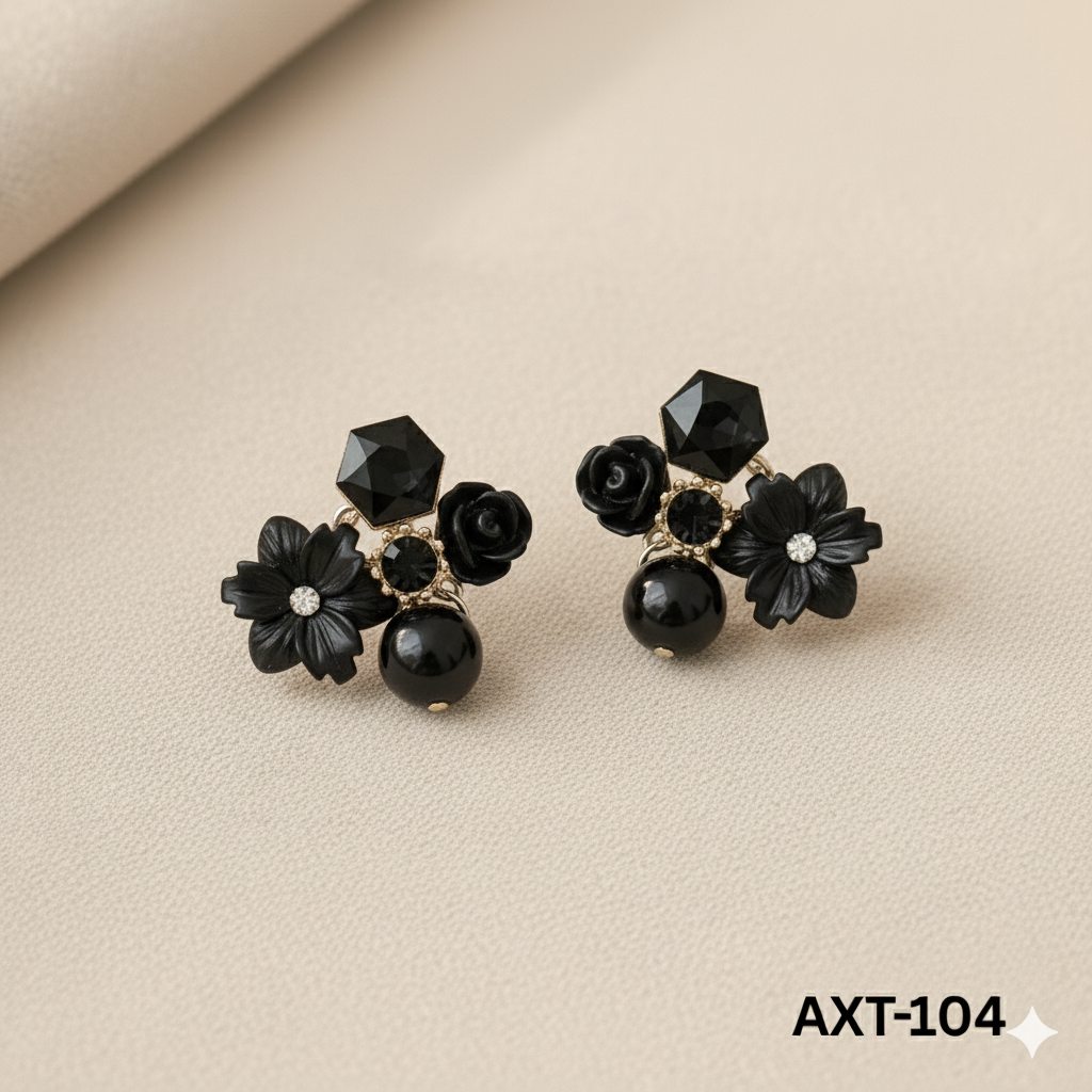 AXT-104 - Black Flower - Earrings - BSM WHOLESALE