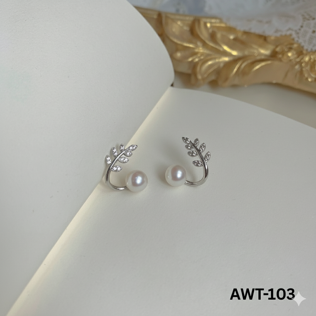 AWT-103 Silver Leaf Pearl Korean Earrings By BSM - BSM WHOLESALE