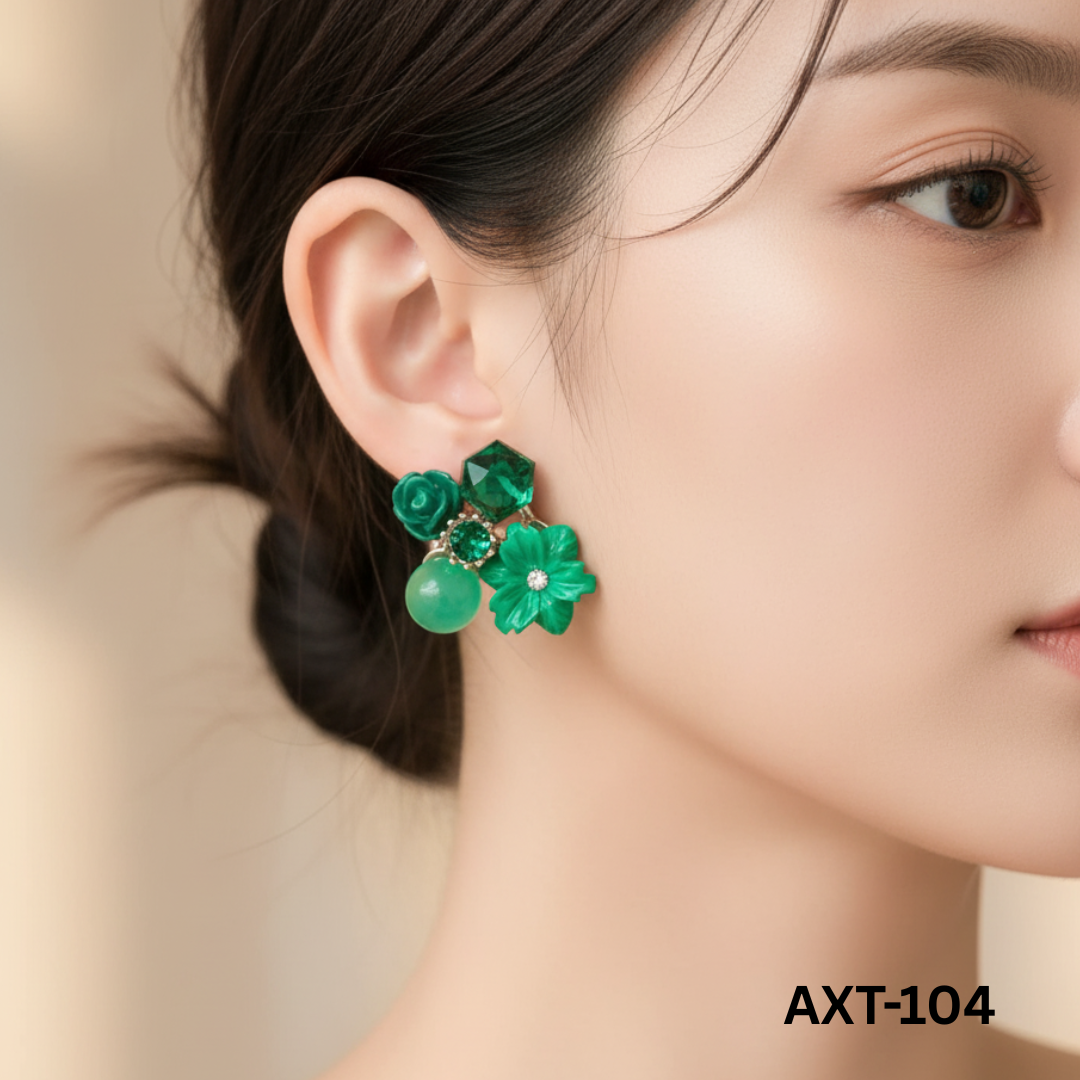 AXT-104 Green Flower Crystal Korean Earrings By BSM - BSM WHOLESALE