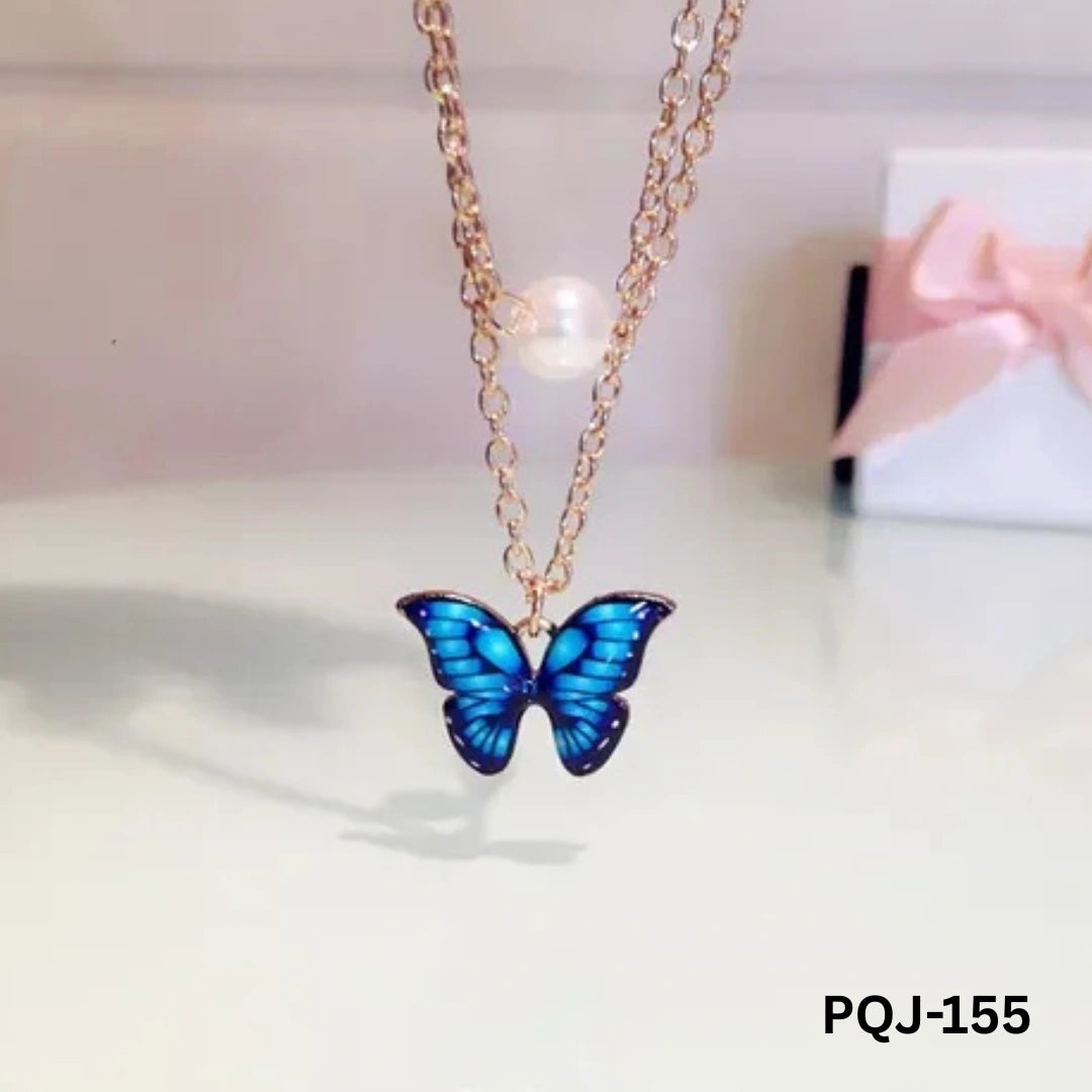 PQJ-155 - Blue Double Layer Butterfly - Necklace