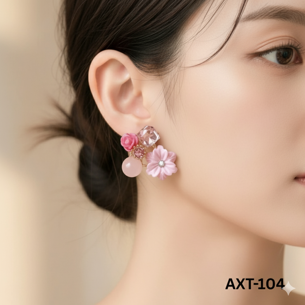 AXT-104 Pink Flower Crystal Korean Earrings By BSM - BSM WHOLESALE