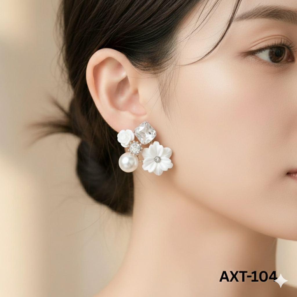 AXT-104 White Flower Crystal Korean Earrings By BSM - BSM WHOLESALE