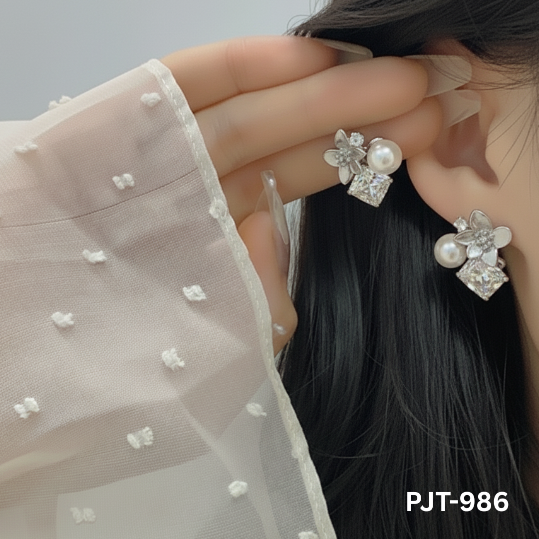PJT-986 Silver Crystal Flower Korean Earrings By BSM - BSM WHOLESALE