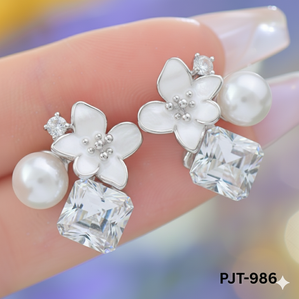 PJT-986 Silver Crystal Flower Korean Earrings By BSM - BSM WHOLESALE