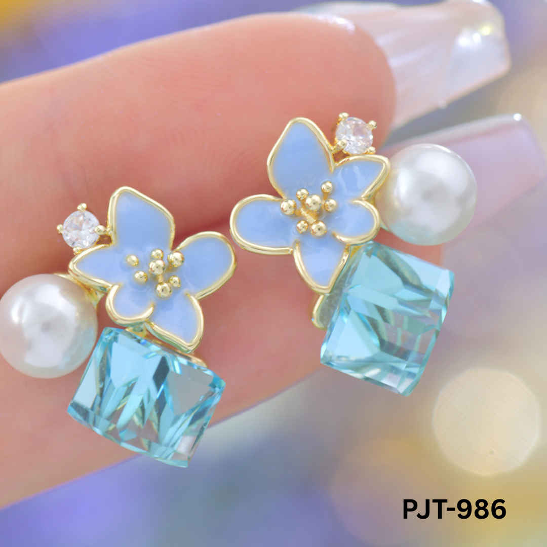 PJT-986 Blue Crystal Flower Korean Earrings By BSM - BSM WHOLESALE