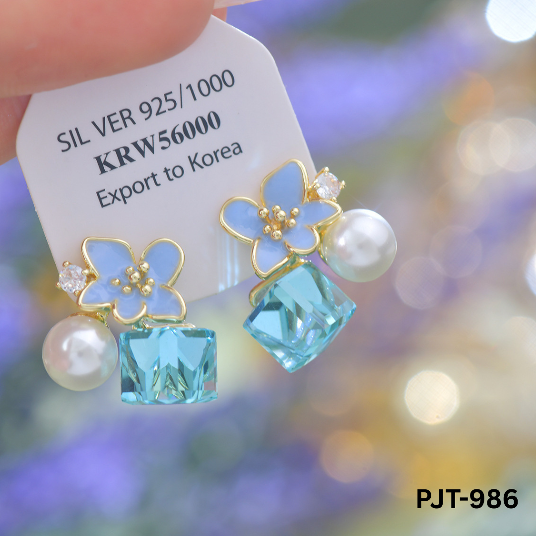 PJT-986 Blue Crystal Flower Korean Earrings By BSM - BSM WHOLESALE