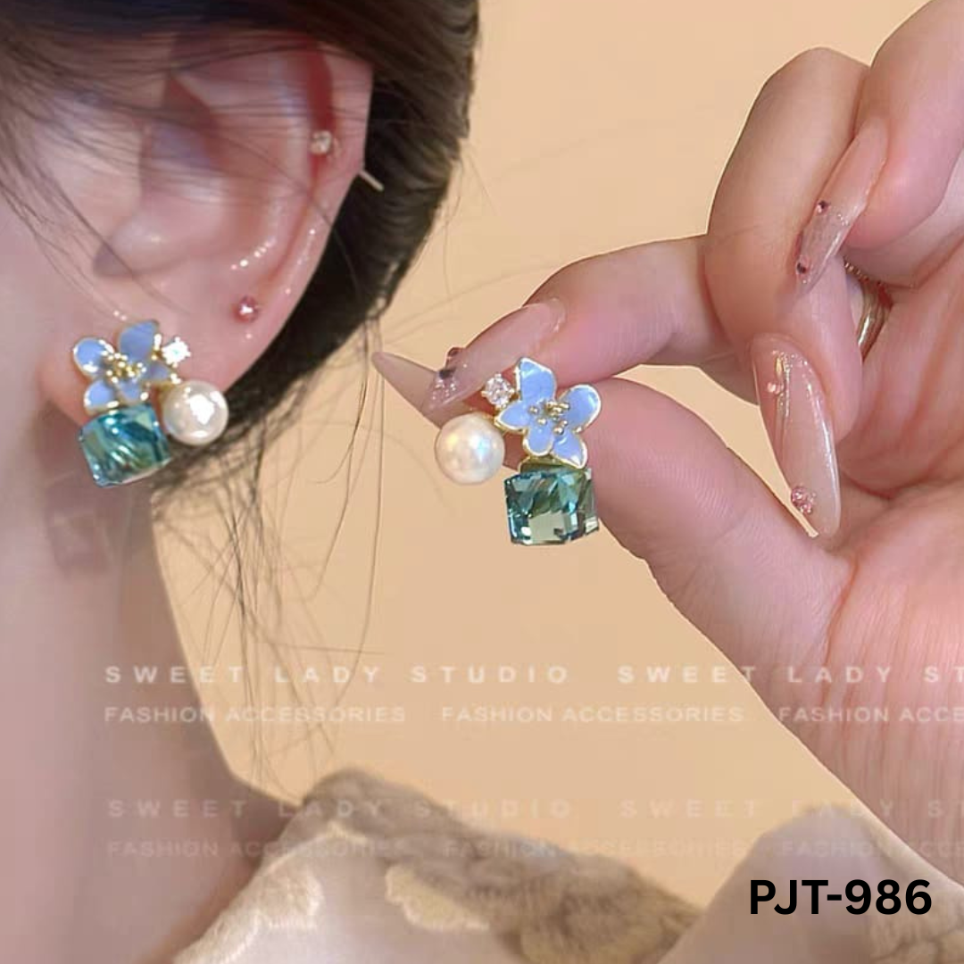 PJT-986 Blue Crystal Flower Korean Earrings By BSM - BSM WHOLESALE