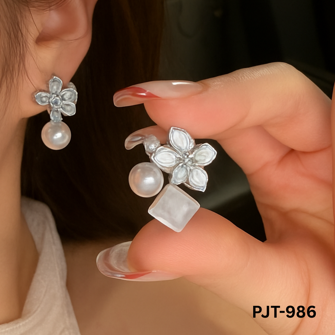PJT-986 Silver Crystal Flower Korean Earrings By BSM - BSM WHOLESALE