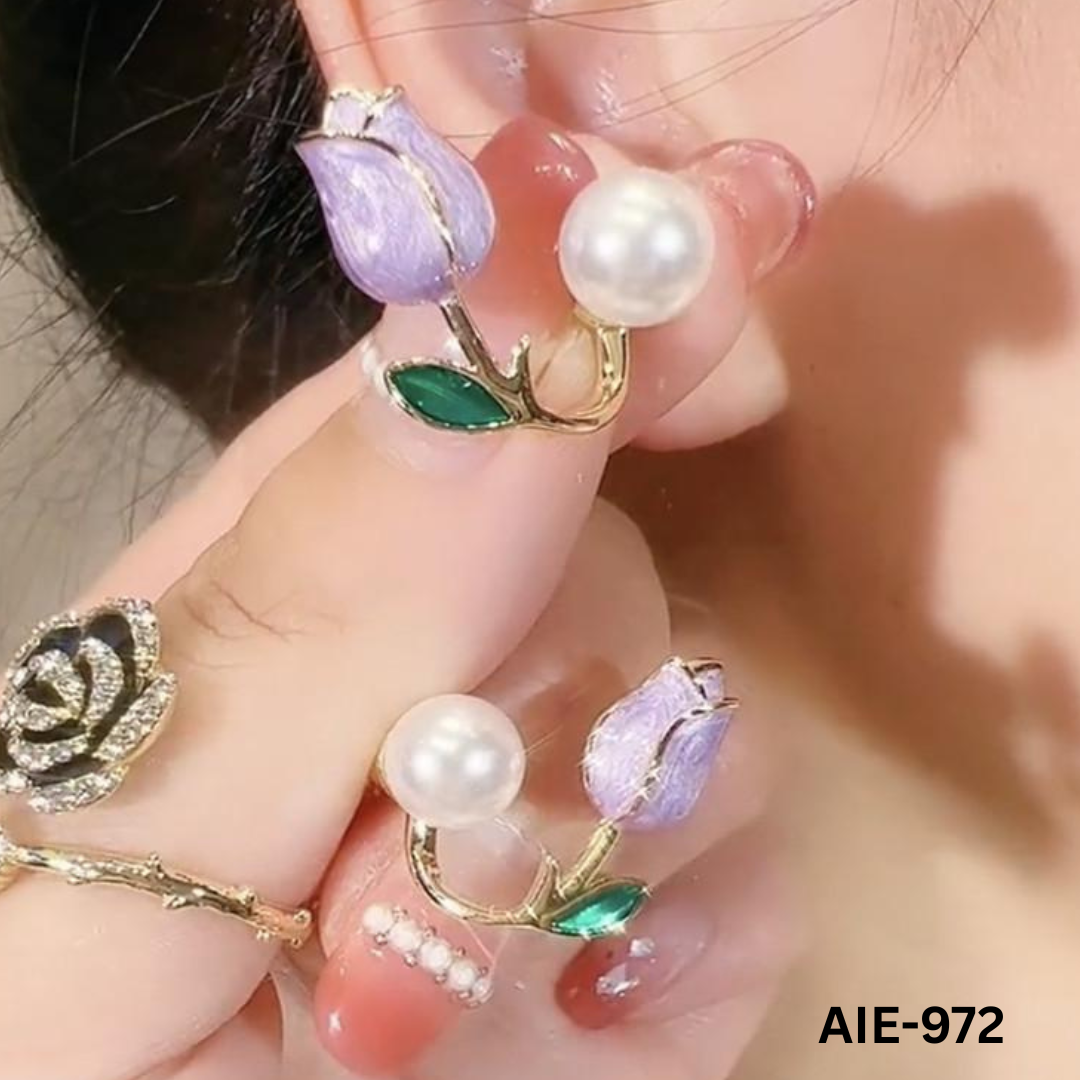 AIE-972 Purple Flowed Pearl Earings By BSM - BSM WHOLESALE