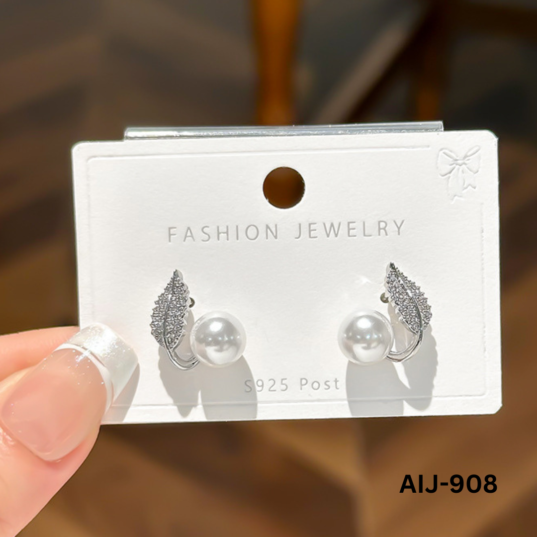 AIJ-908 - Silver Leaf Pearl - Earrings - BSM WHOLESALE