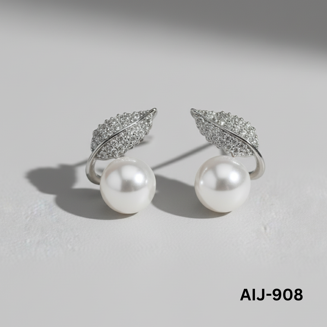 AIJ-908 - Silver Leaf Pearl - Earrings - BSM WHOLESALE