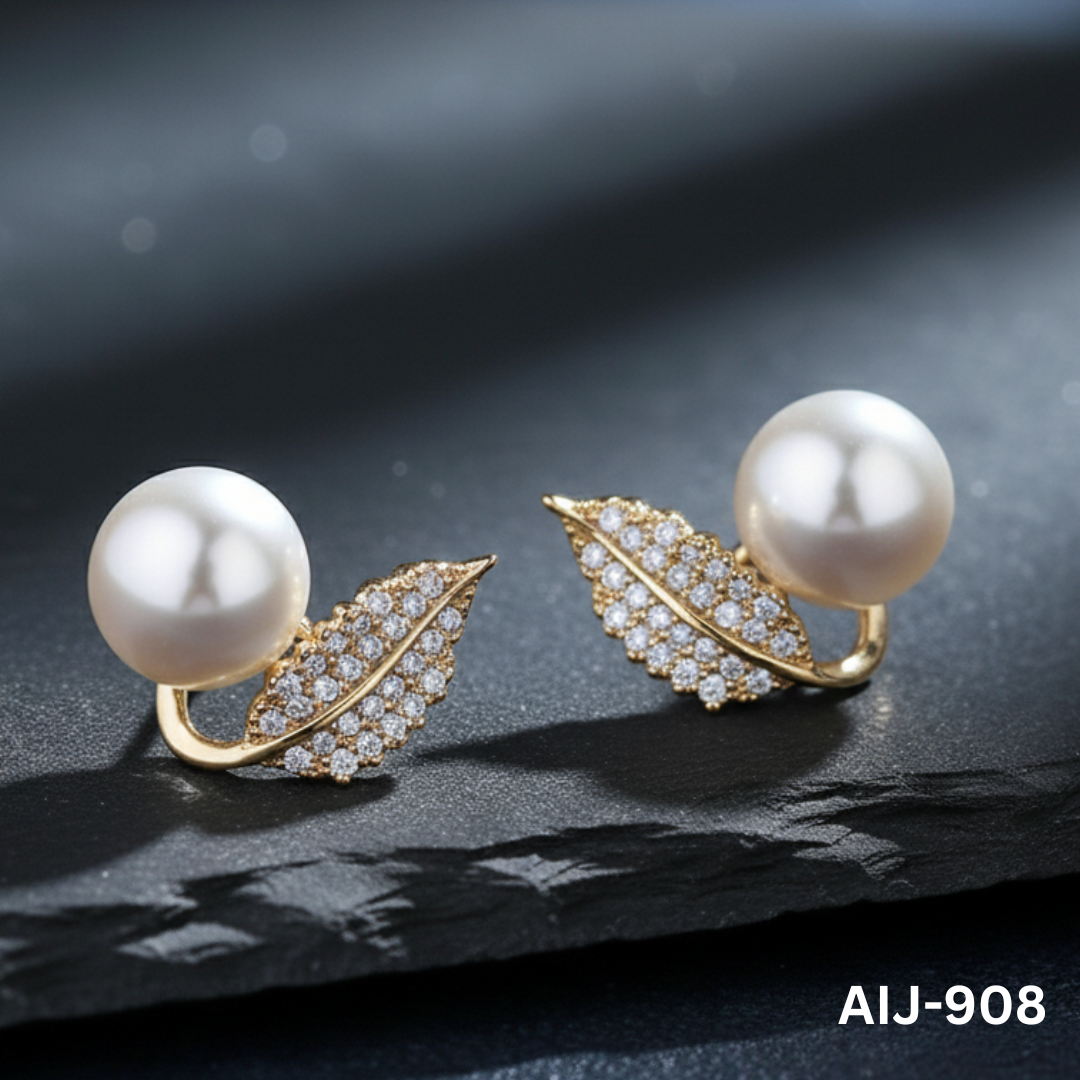 AIJ-908 - Golden Leaf Pearl - Earrings - BSM WHOLESALE