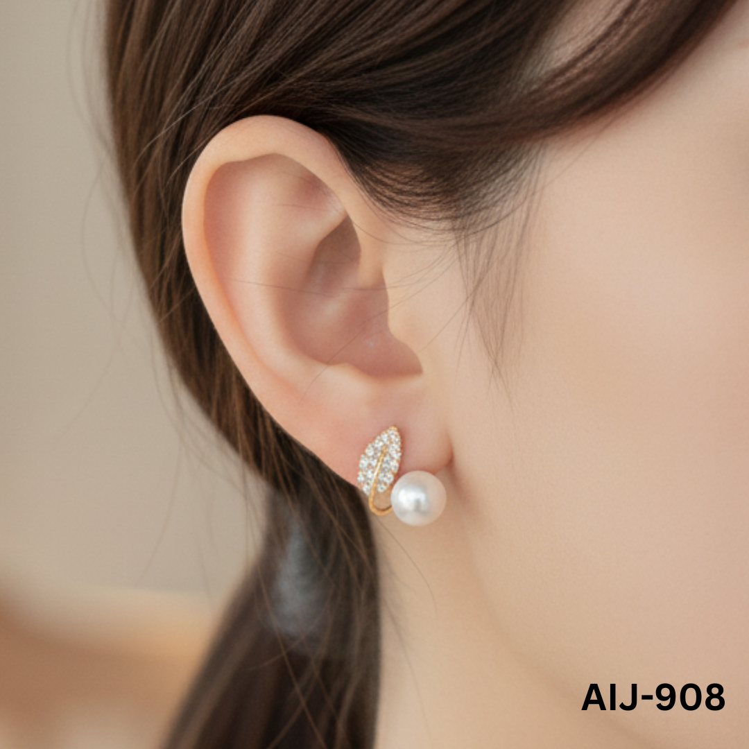 AIJ-908 - Golden Leaf Pearl - Earrings - BSM WHOLESALE