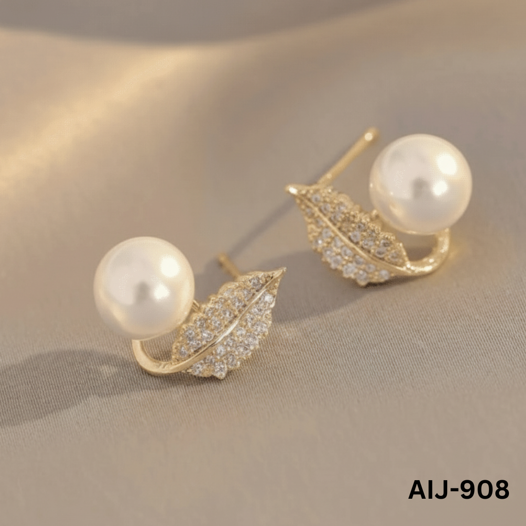 AIJ-908 - Golden Leaf Pearl - Earrings - BSM WHOLESALE