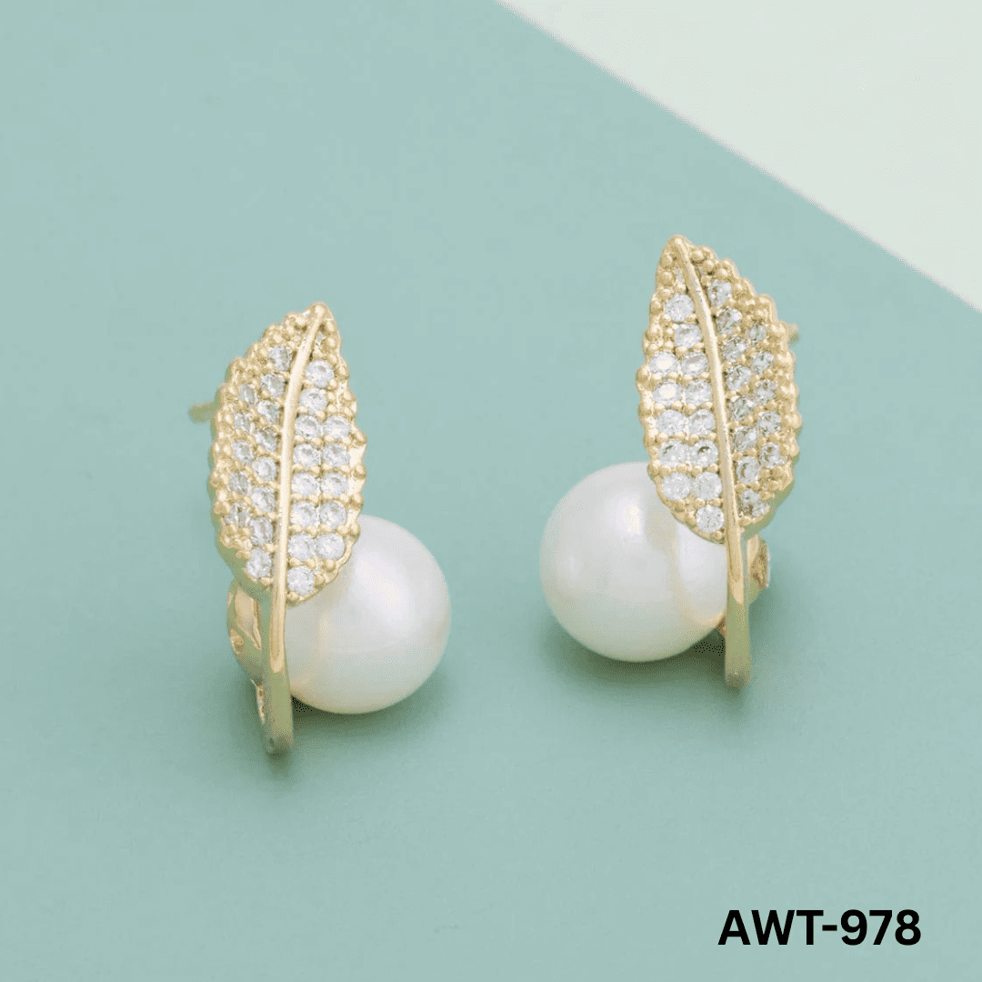 AWT-978 Golden Leaf Pearl Korean Earrings By BSM - BSM WHOLESALE