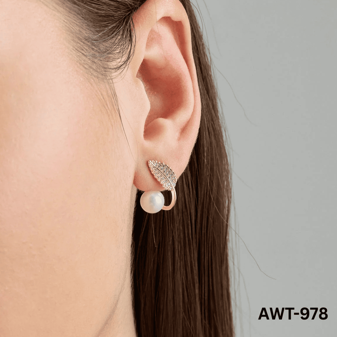 AWT-978 Golden Leaf Pearl Korean Earrings By BSM - BSM WHOLESALE