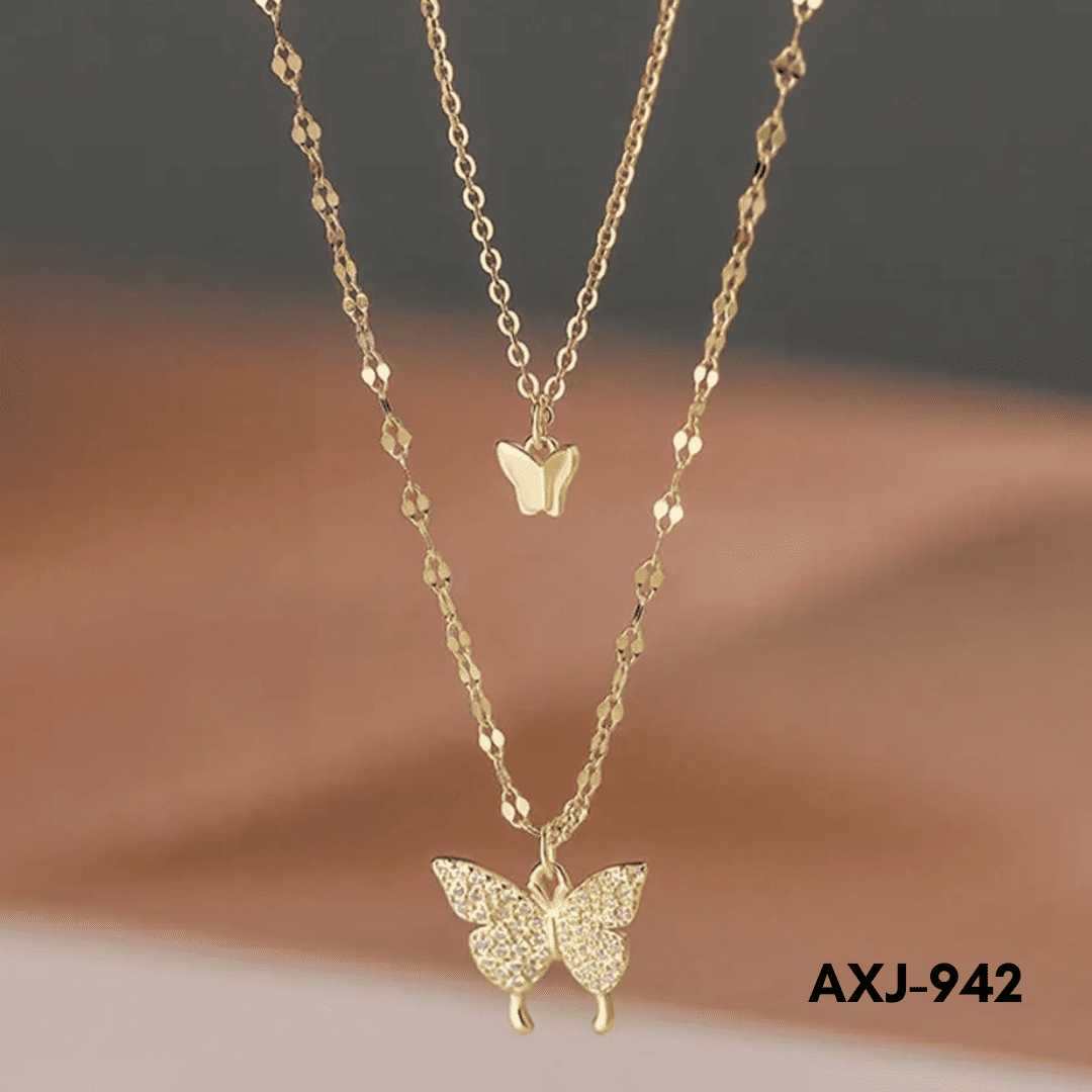 AXJ-942 - Golden Double Butterfly - Necklace - BSM WHOLESALE