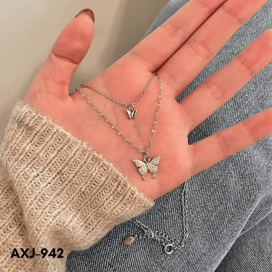AXJ-942 - Silver Double Butterfly - Necklace - BSM WHOLESALE