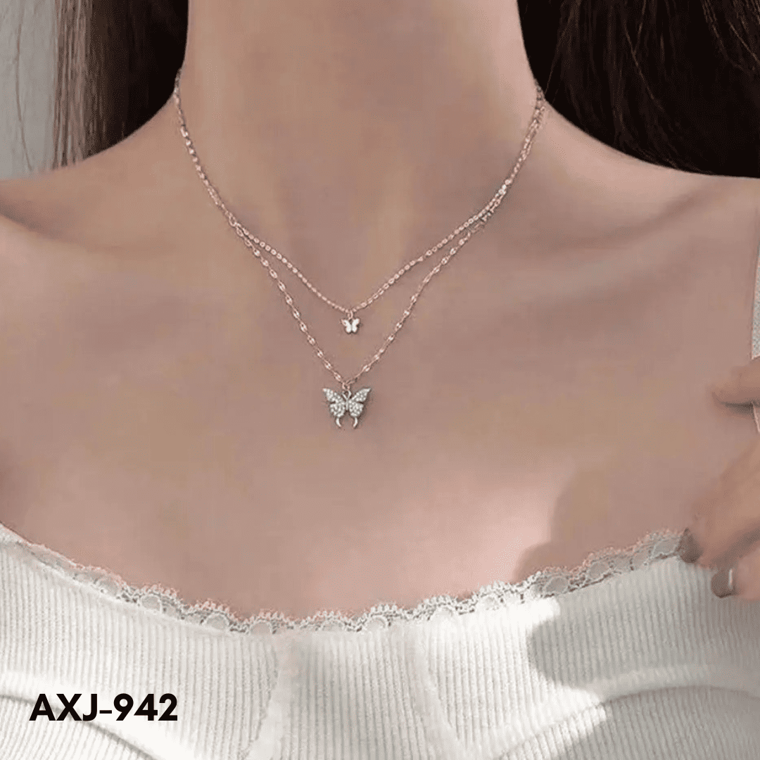 AXJ-942 - Silver Double Butterfly - Necklace - BSM WHOLESALE
