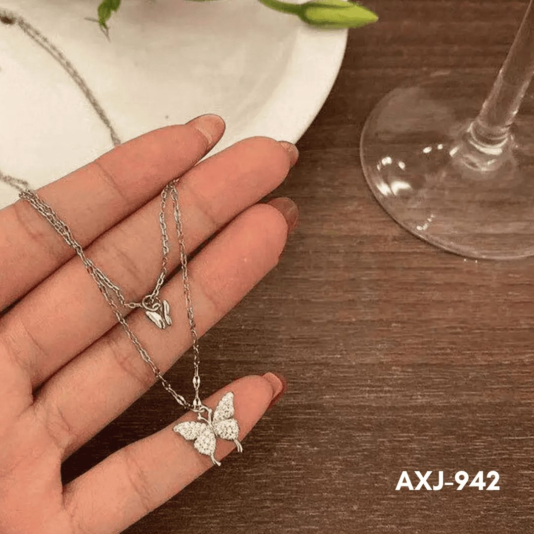 AXJ-942 - Silver Double Butterfly - Necklace - BSM WHOLESALE