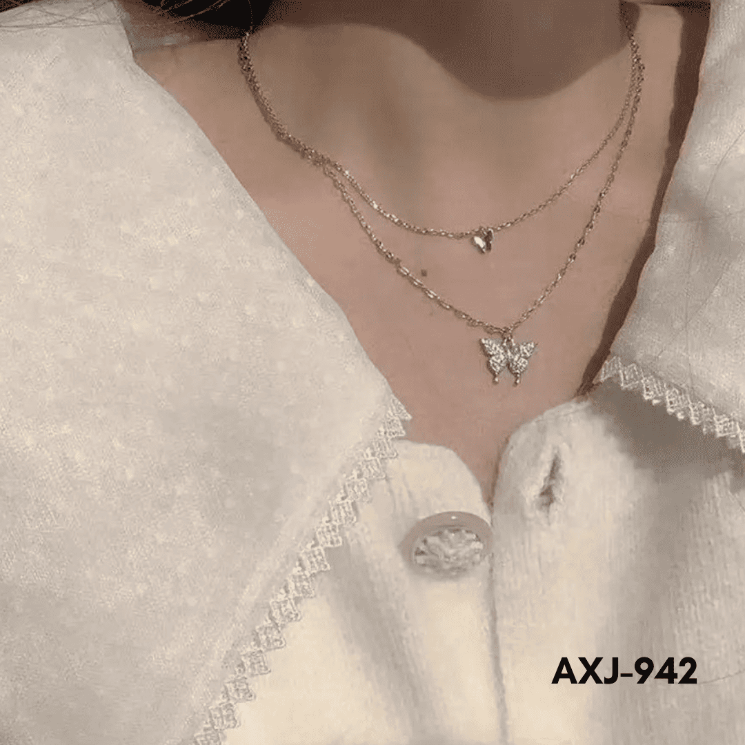 AXJ-942 - Silver Double Butterfly - Necklace - BSM WHOLESALE