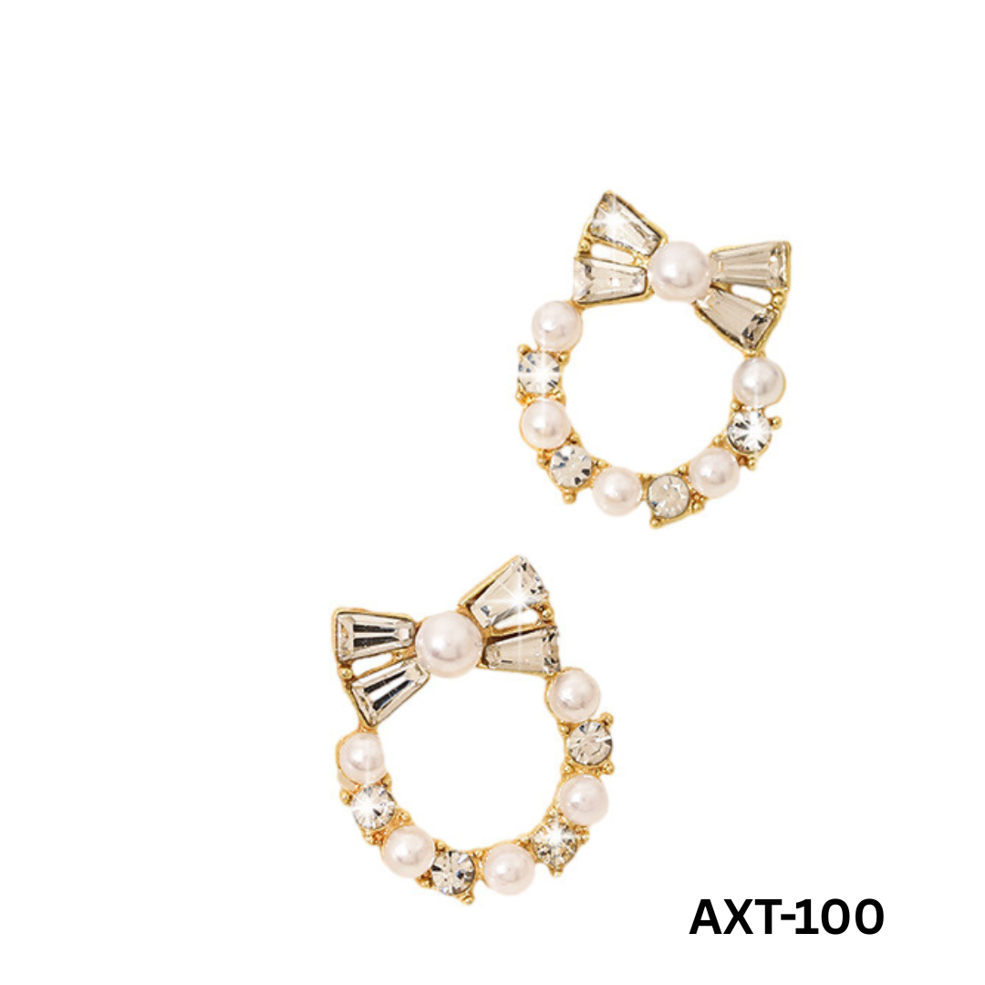 AXT-100 Golden Pearl Bow Korean Zircon Earrings By BSM - BSM WHOLESALE