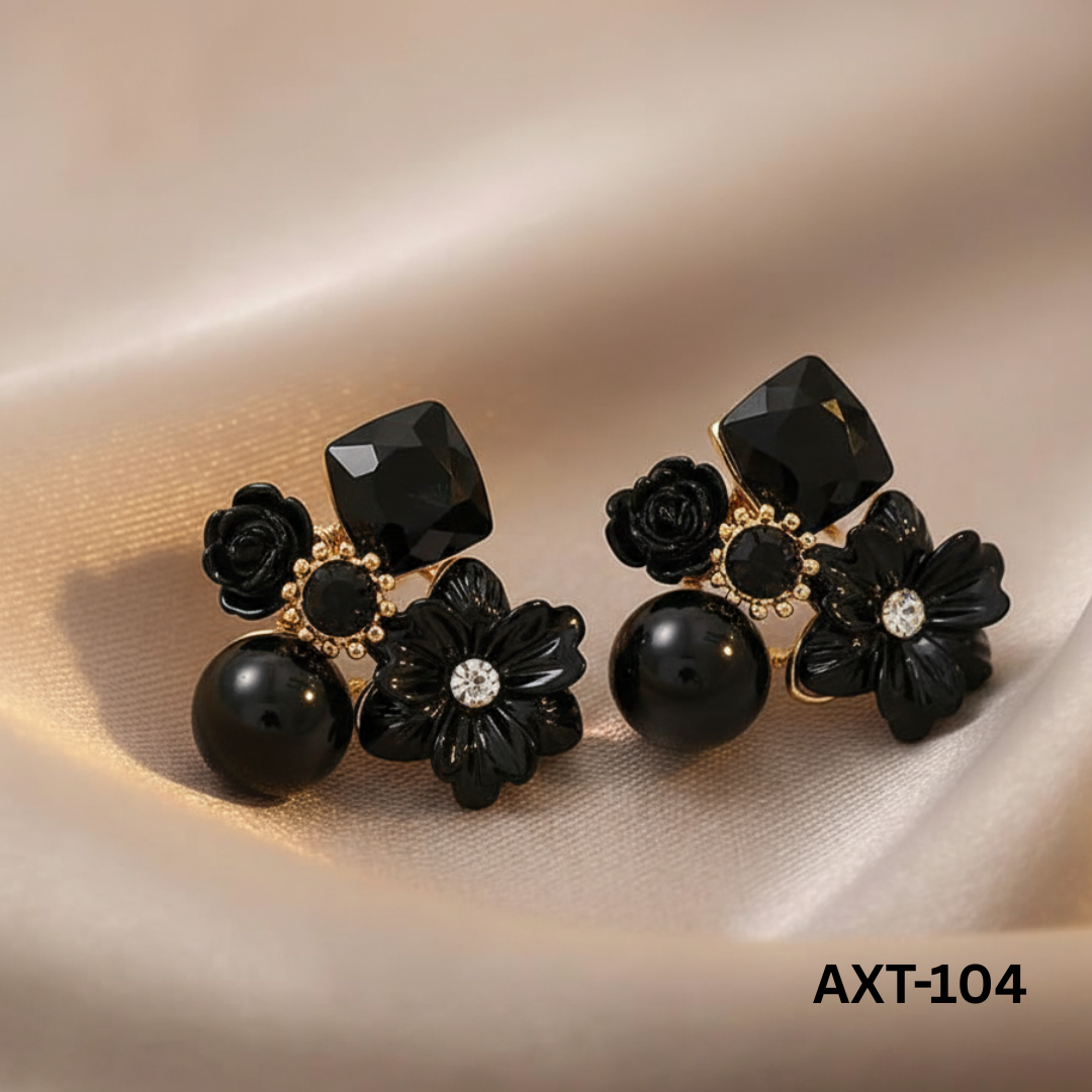 AXT-104 - Black Flower - Earrings - BSM WHOLESALE