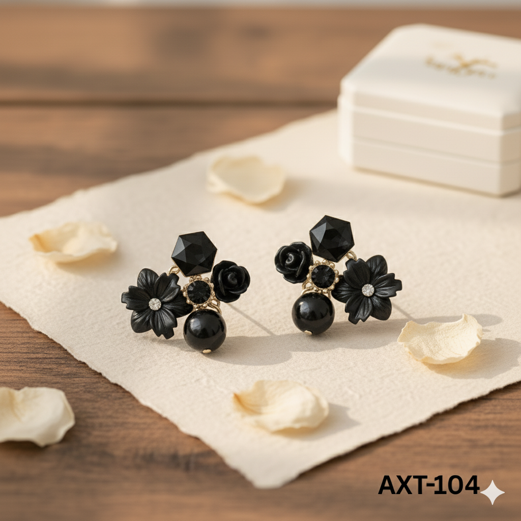 AXT-104 - Black Flower - Earrings - BSM WHOLESALE
