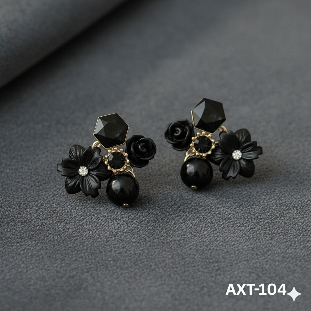 AXT-104 - Black Flower - Earrings - BSM WHOLESALE