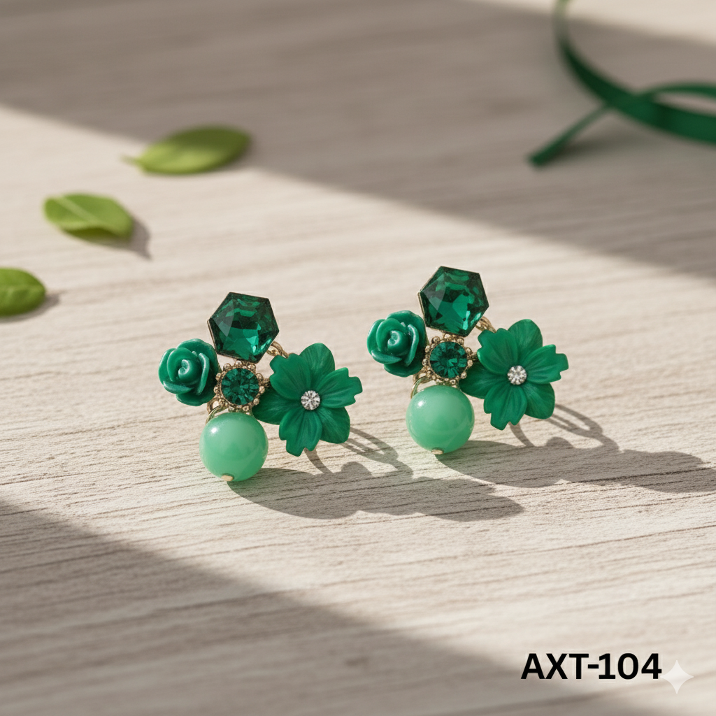 AXT-104 - Green Flower - Earrings - BSM WHOLESALE