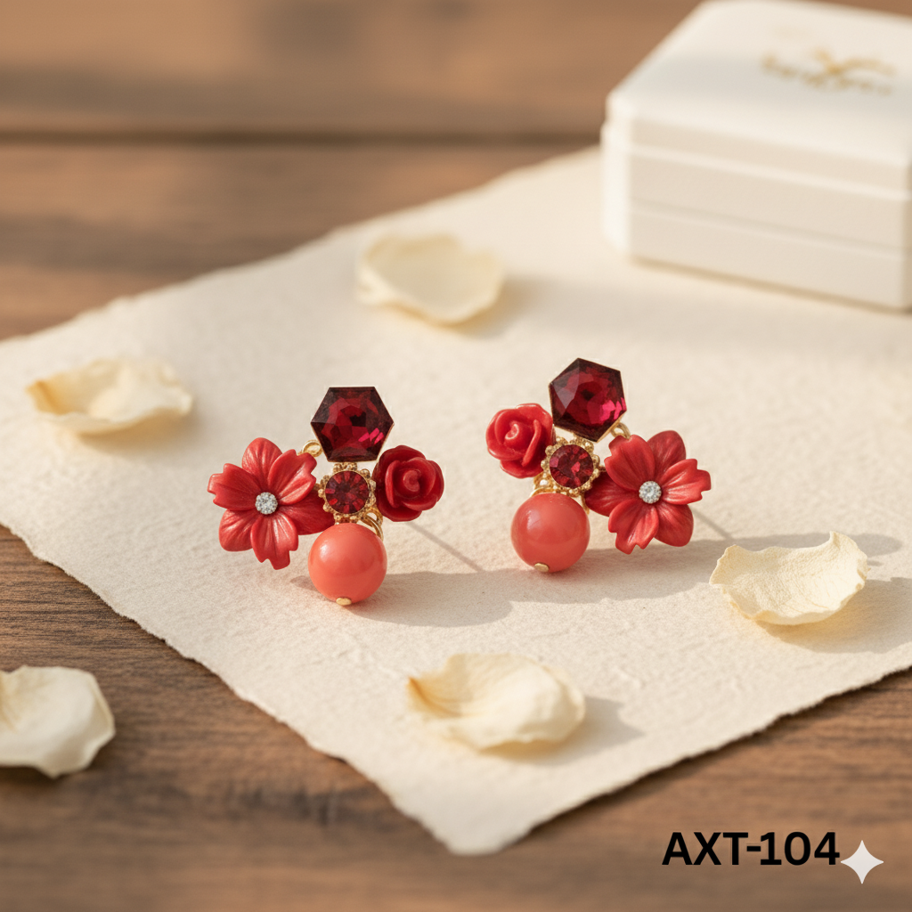 AXT-104 - Red Flower - Earrings - BSM WHOLESALE