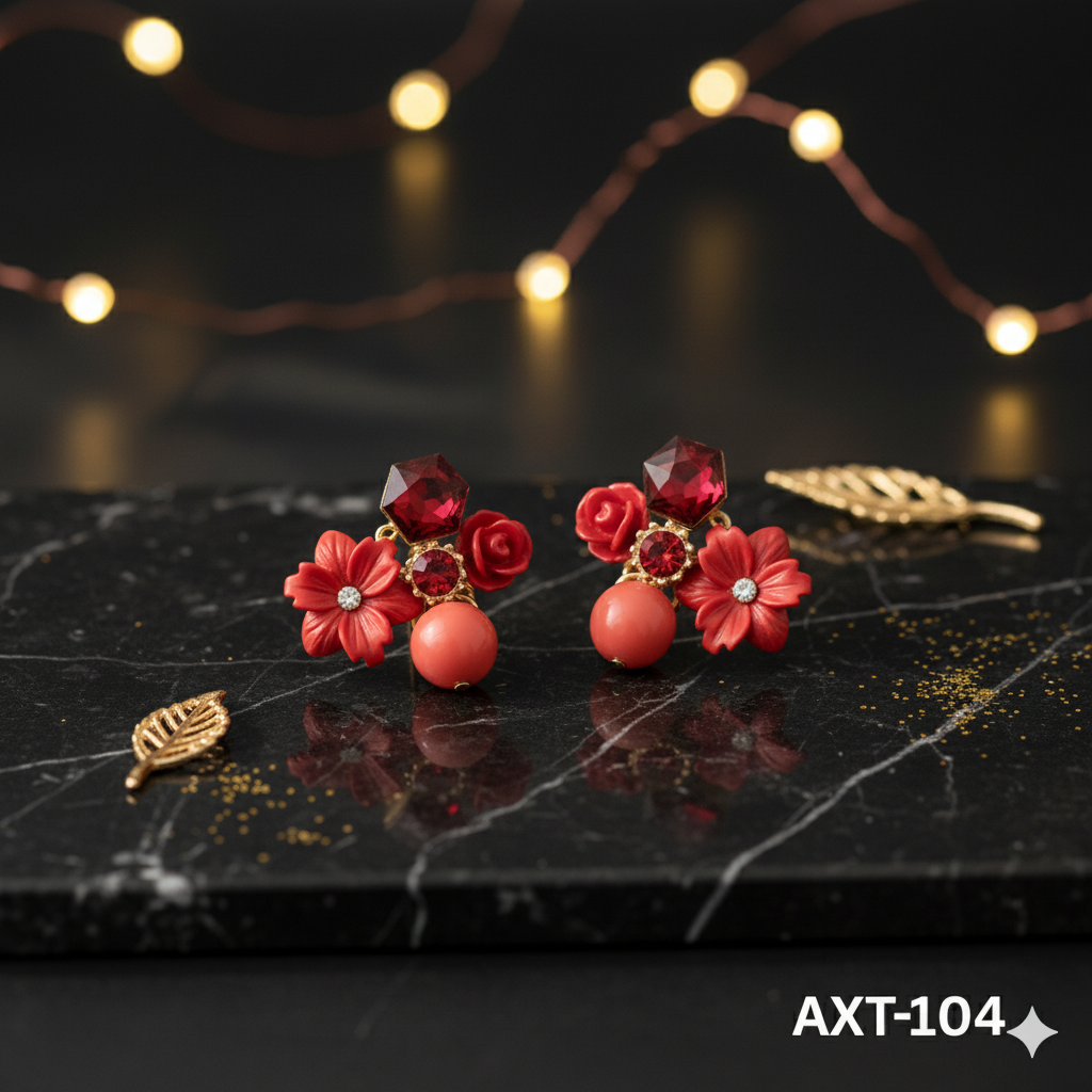 AXT-104 - Red Flower - Earrings - BSM WHOLESALE