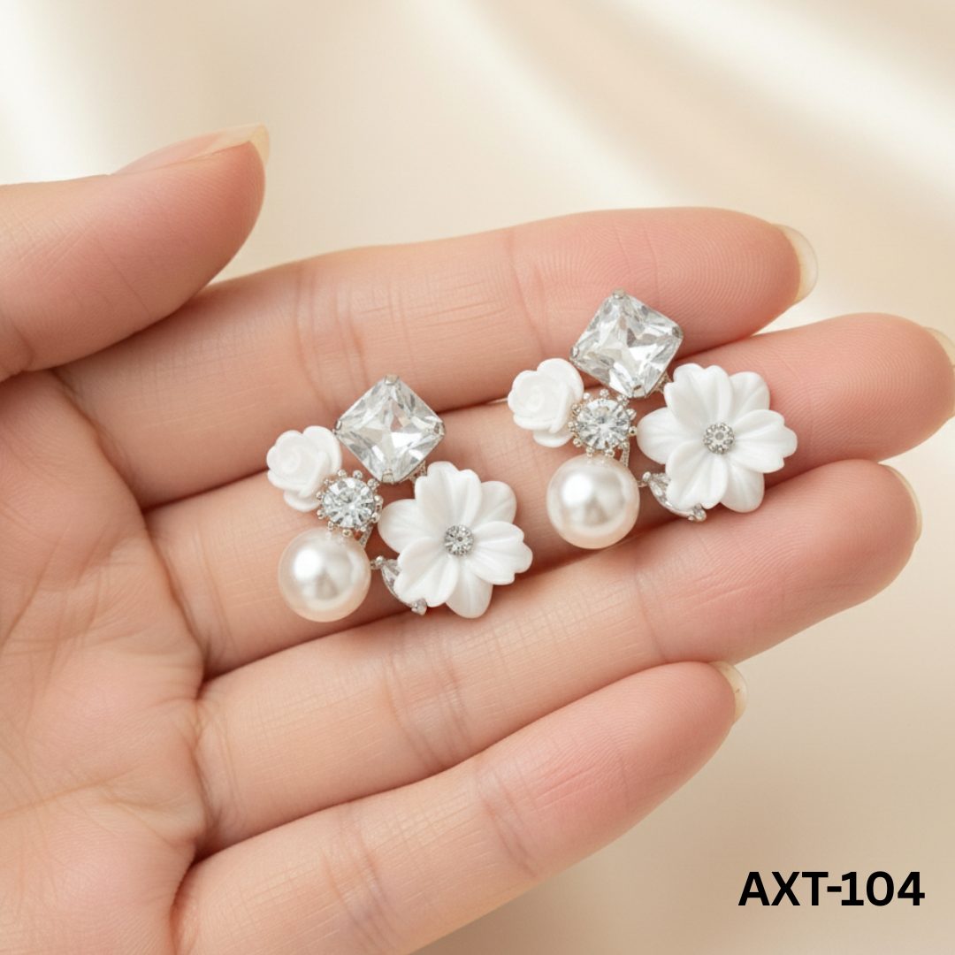 AXT-104 White Flower Crystal Korean Earrings By BSM - BSM WHOLESALE