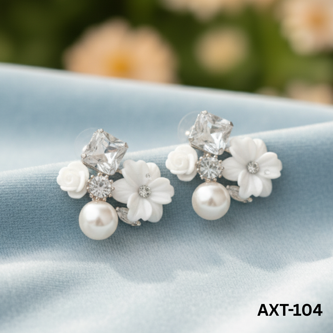 AXT-104 White Flower Crystal Korean Earrings By BSM - BSM WHOLESALE