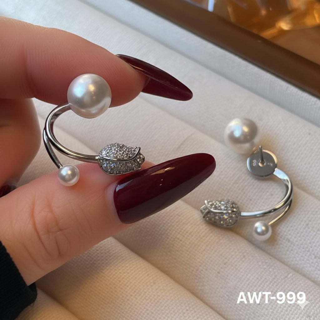 AWT-999 Silver Beautiful  Pearl Zircon Korean Flower Earrings By BSM - BSM WHOLESALE