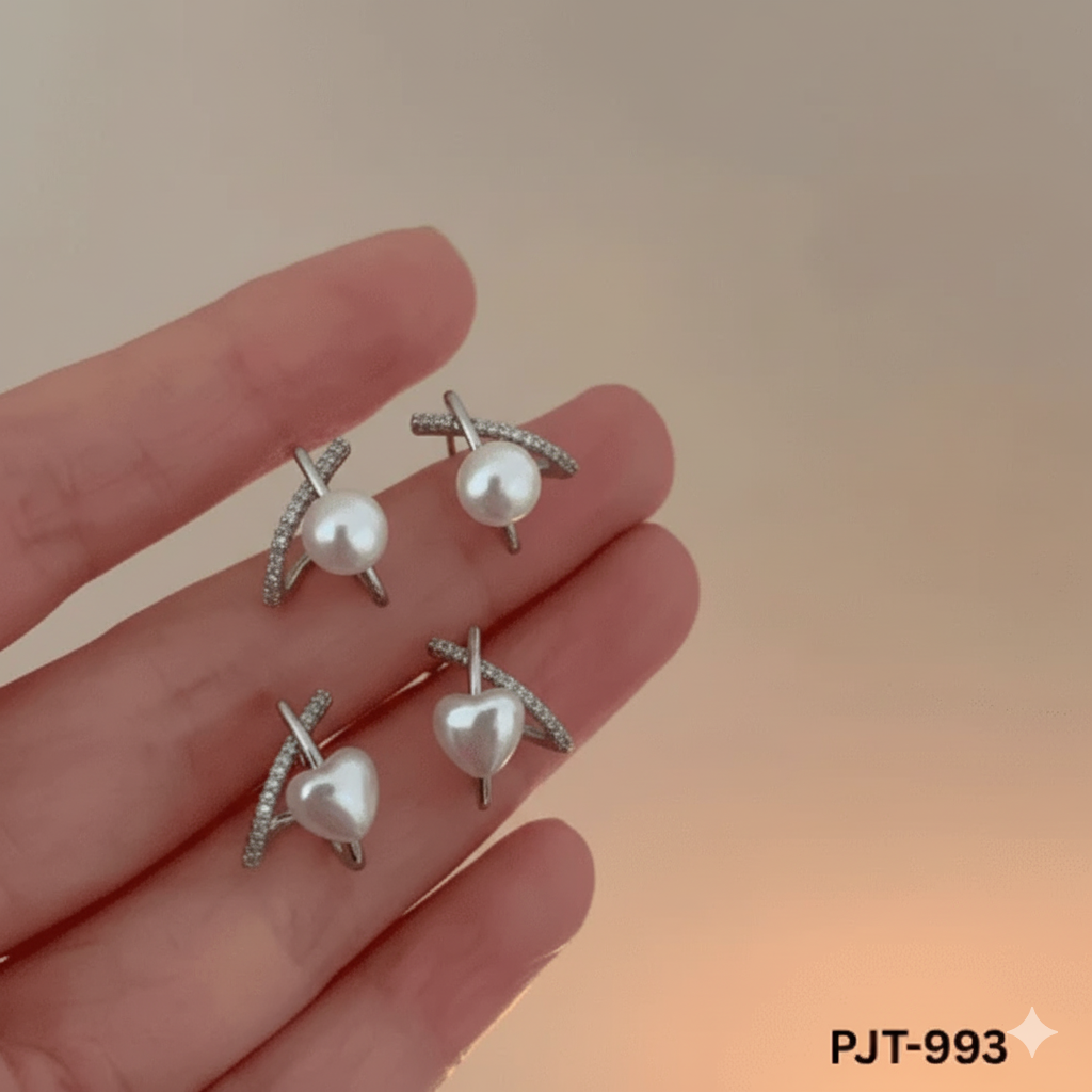 PJT-993 Silver Cross Heart Peal Korean Earrings By BSM - BSM WHOLESALE