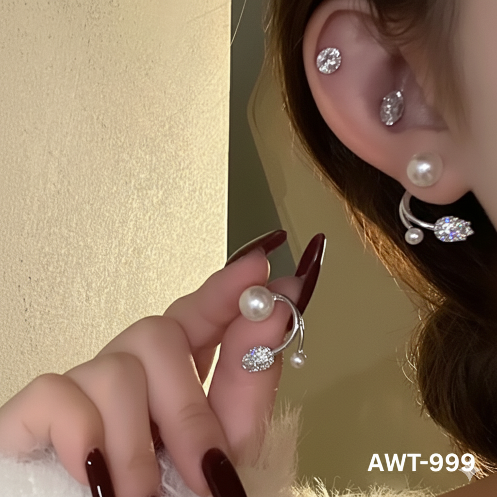 AWT-999 Silver Beautiful  Pearl Zircon Korean Flower Earrings By BSM - BSM WHOLESALE