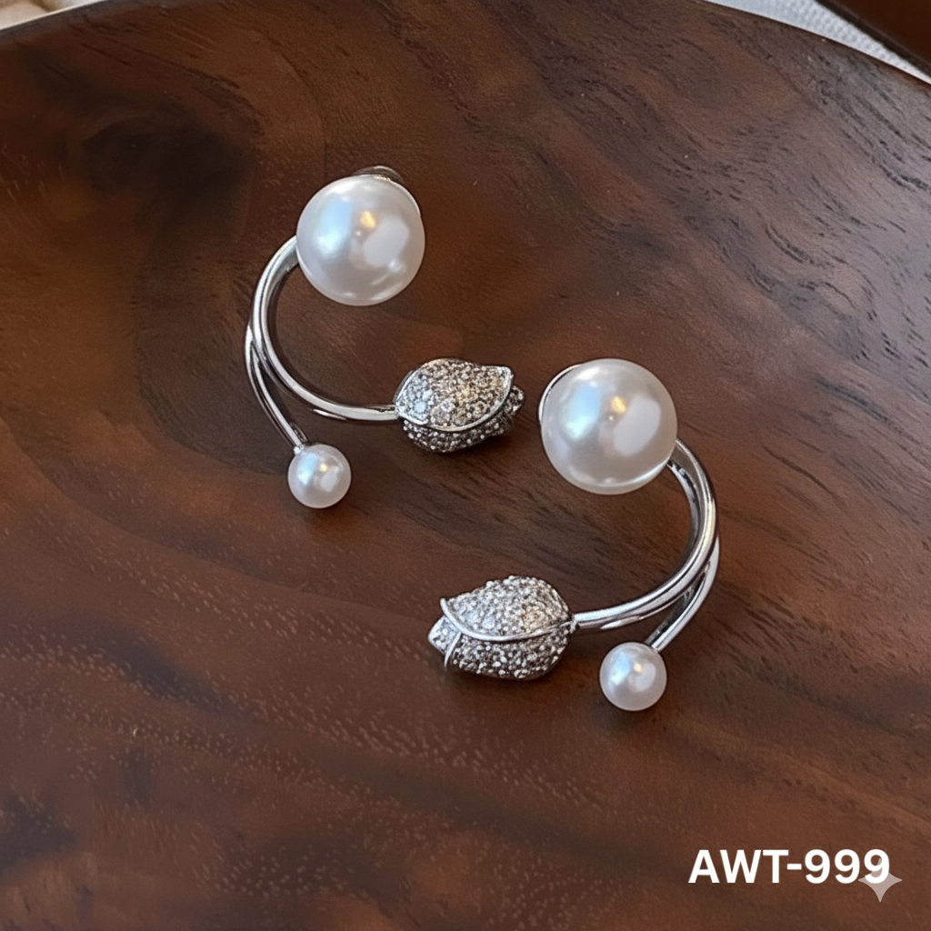 AWT-999 Silver Beautiful  Pearl Zircon Korean Flower Earrings By BSM - BSM WHOLESALE