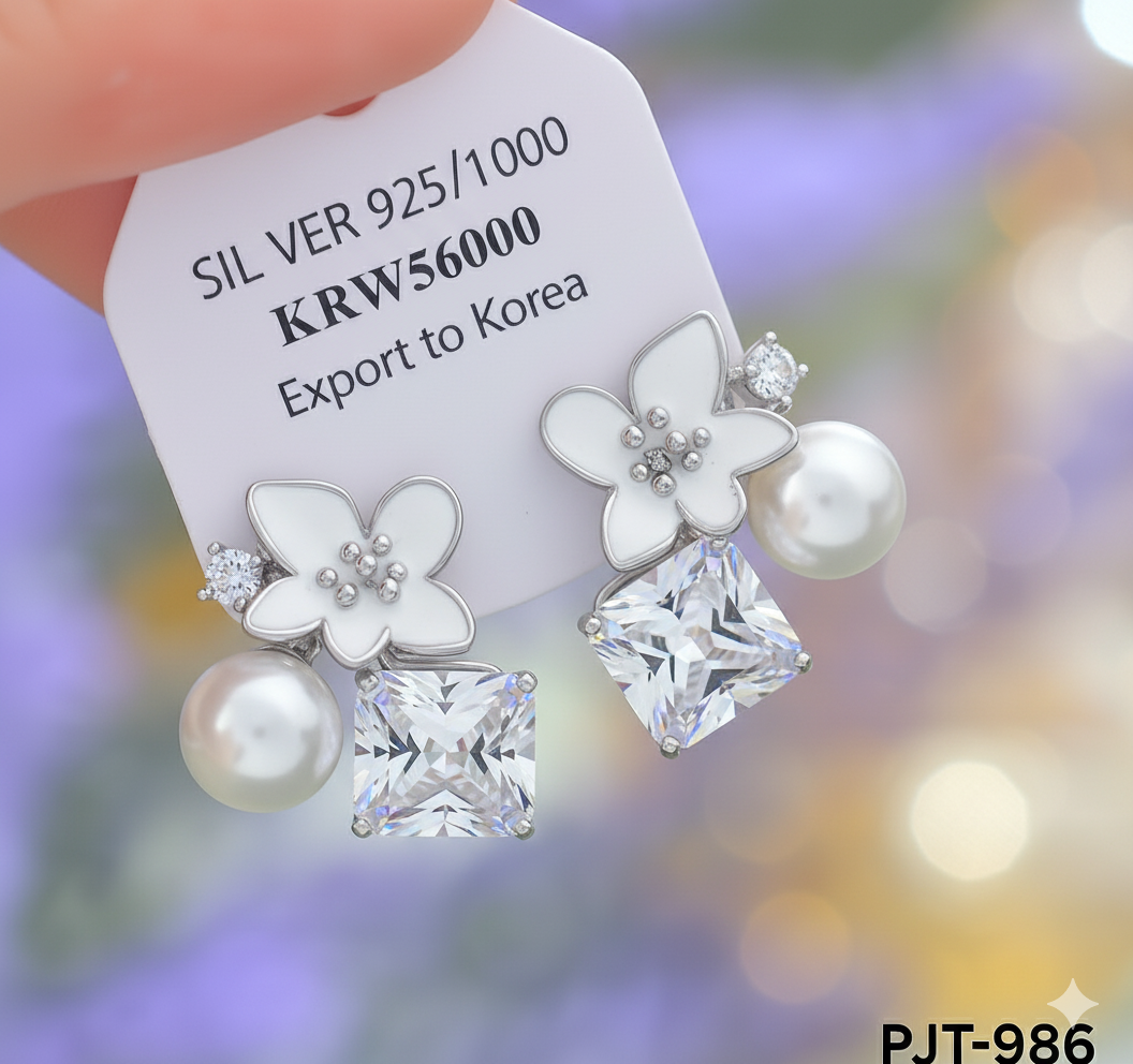 PJT-986 Silver Crystal Flower Korean Earrings By BSM - BSM WHOLESALE