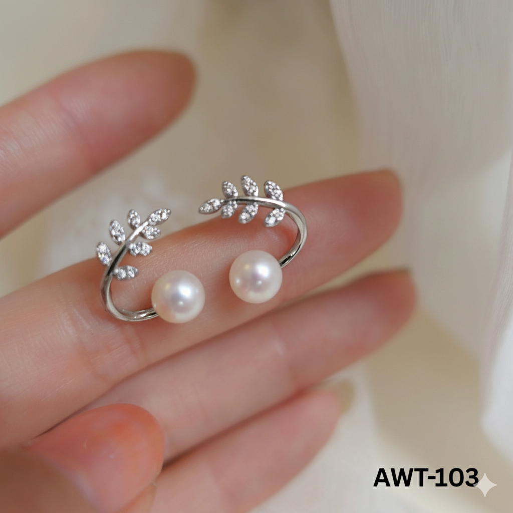 AWT-103 Silver Leaf Pearl Korean Earrings By BSM - BSM WHOLESALE