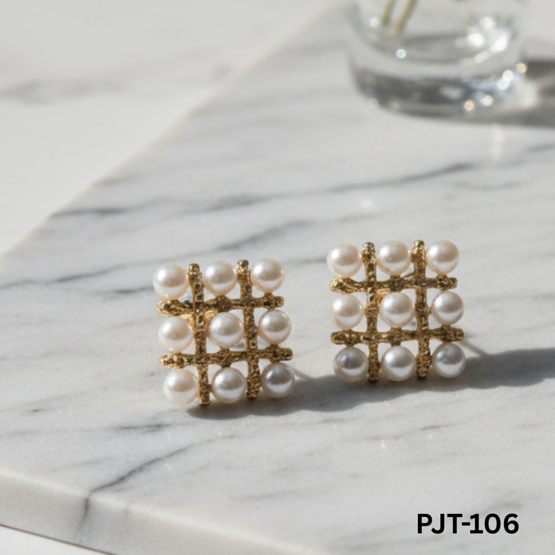 PJT-106 - Golden Pearl Square - Earrings - BSM WHOLESALE
