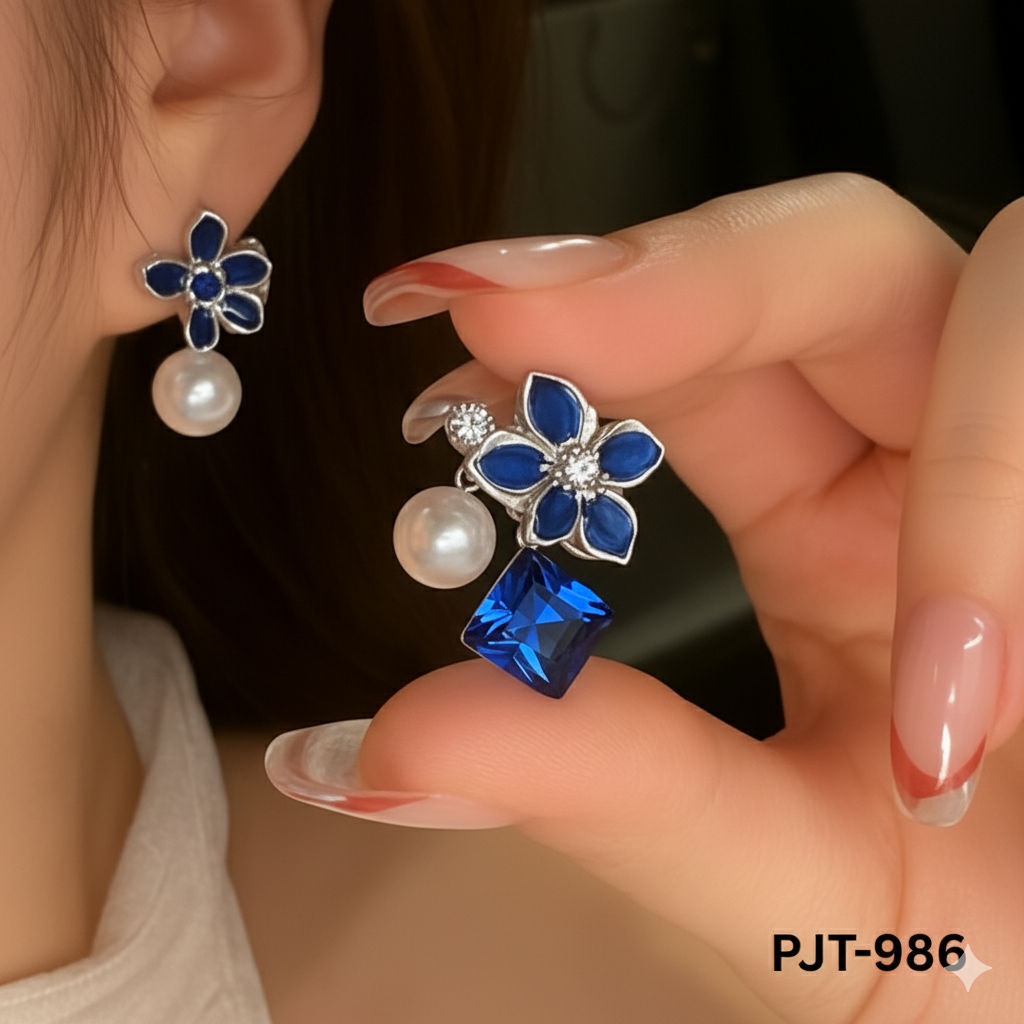 PJT-986 - Dark Blue Flower - Earrings - BSM WHOLESALE