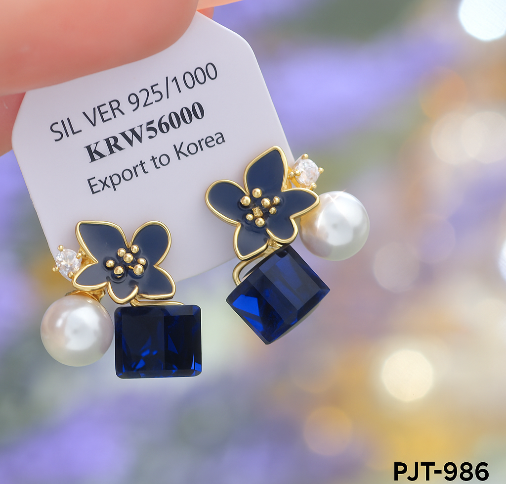 PJT-986 - Dark Blue Flower - Earrings - BSM WHOLESALE
