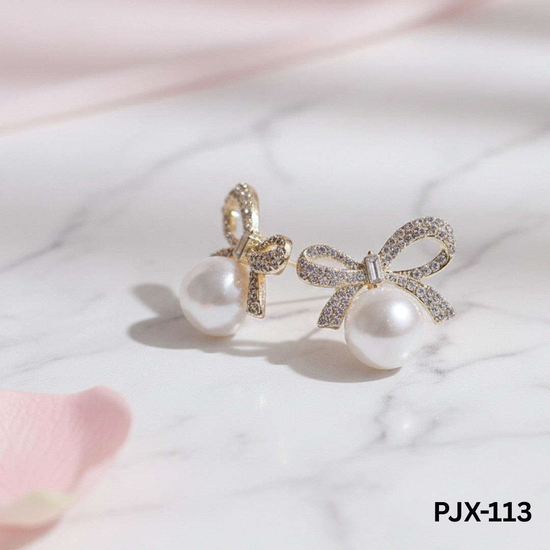 PJX-113 Golden Knot Shape Pearl Zircon Korean Earrings By BSM - BSM WHOLESALE