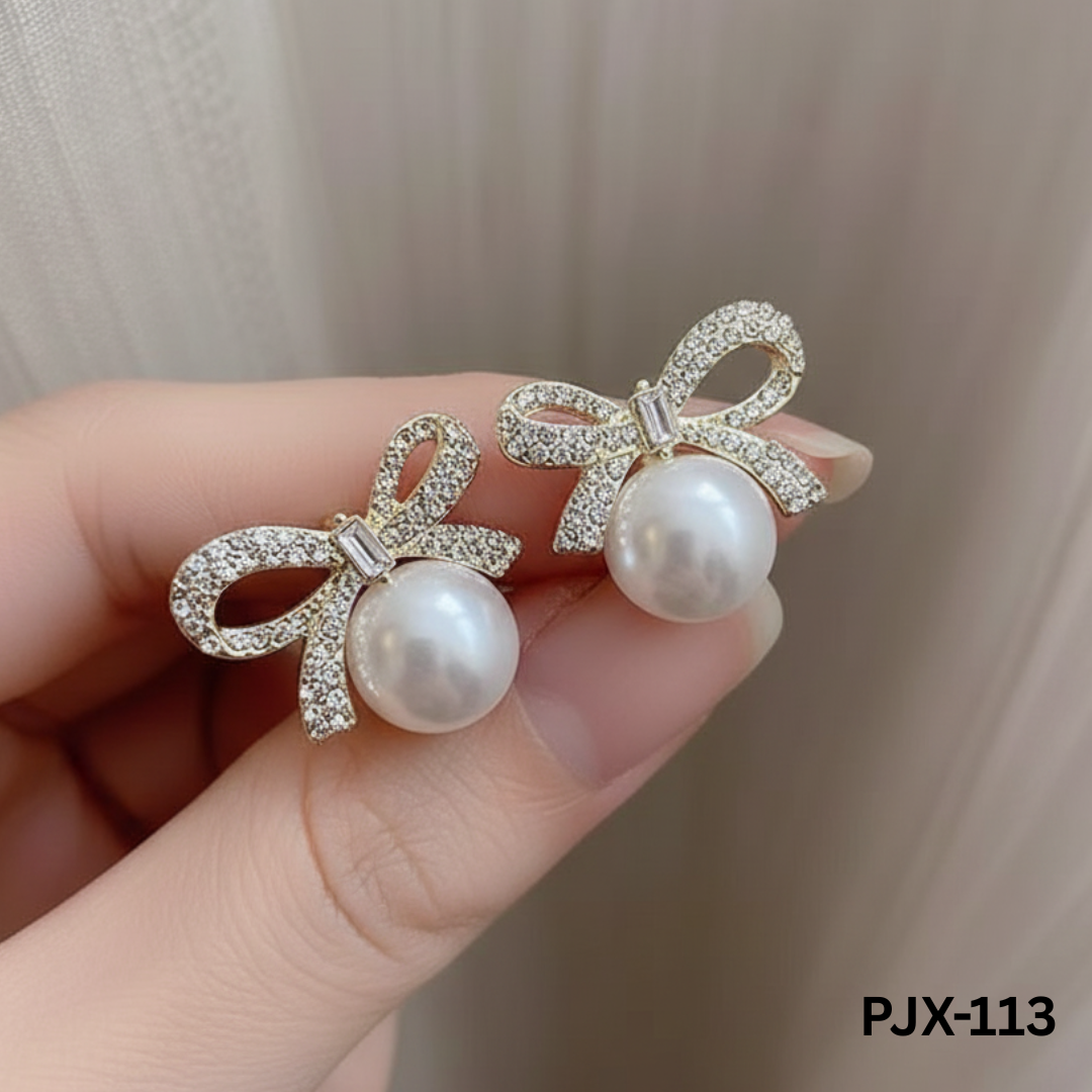 PJX-113 Golden Knot Shape Pearl Zircon Korean Earrings By BSM - BSM WHOLESALE