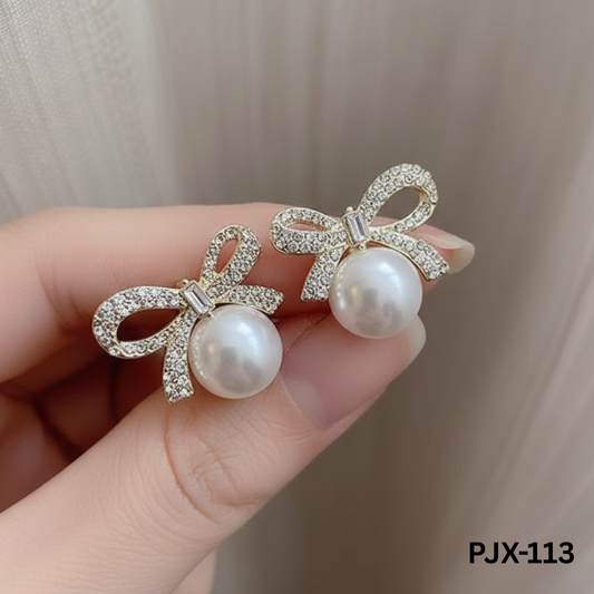 PJX-113 Golden Knot Shape Pearl Zircon Korean Earrings By BSM - BSM WHOLESALE