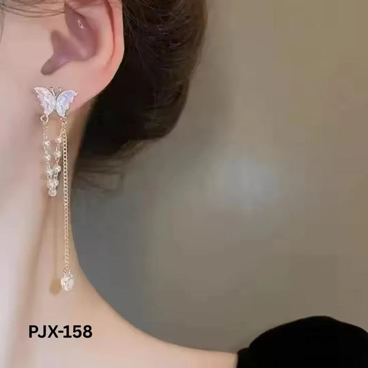 PJX-158 - 925 Golden Butterfly Pearl Tassels - Earrings