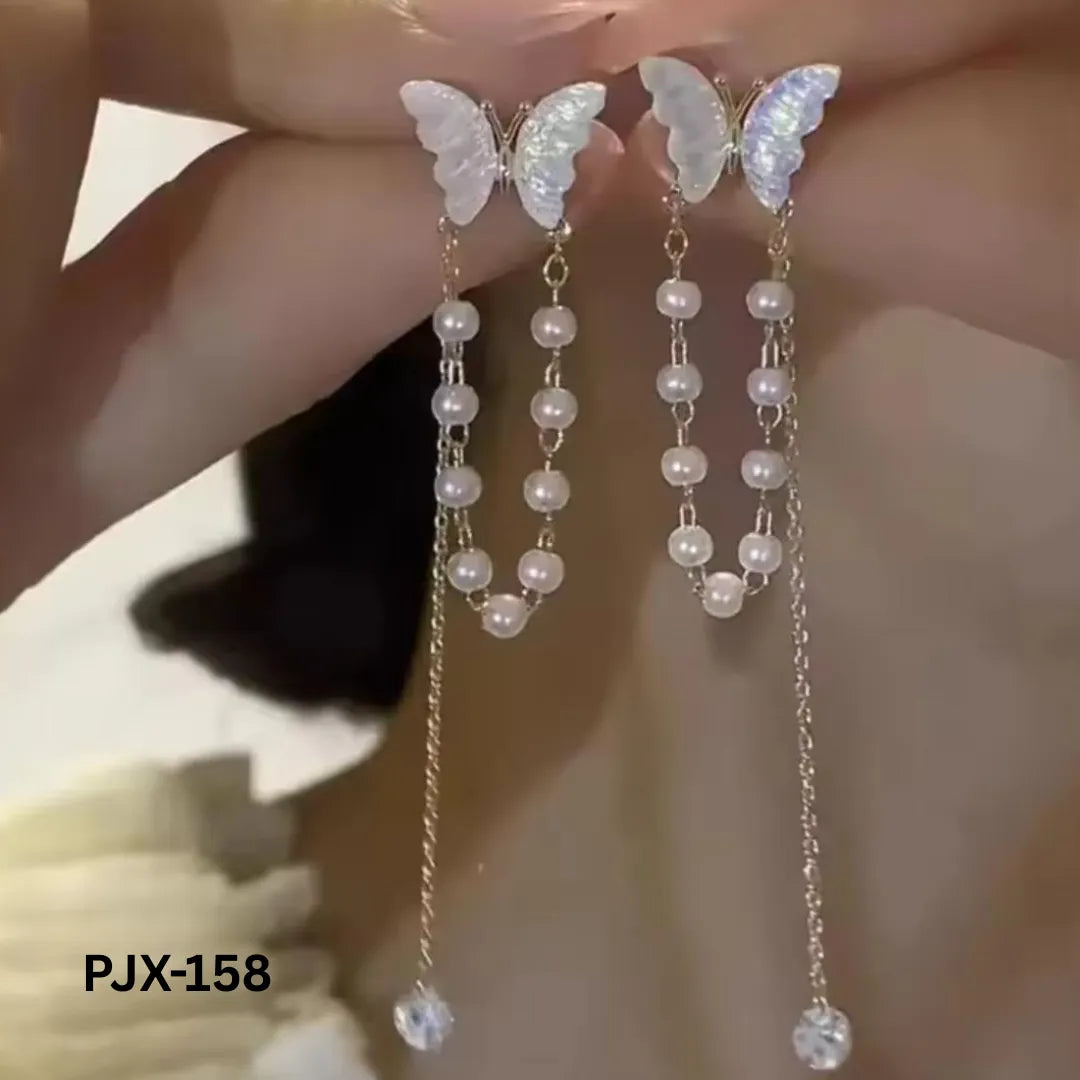PJX-158 - 925 Golden Butterfly Pearl Tassels - Earrings