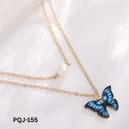 PQJ-155 - Blue Double Layer Butterfly - Necklace